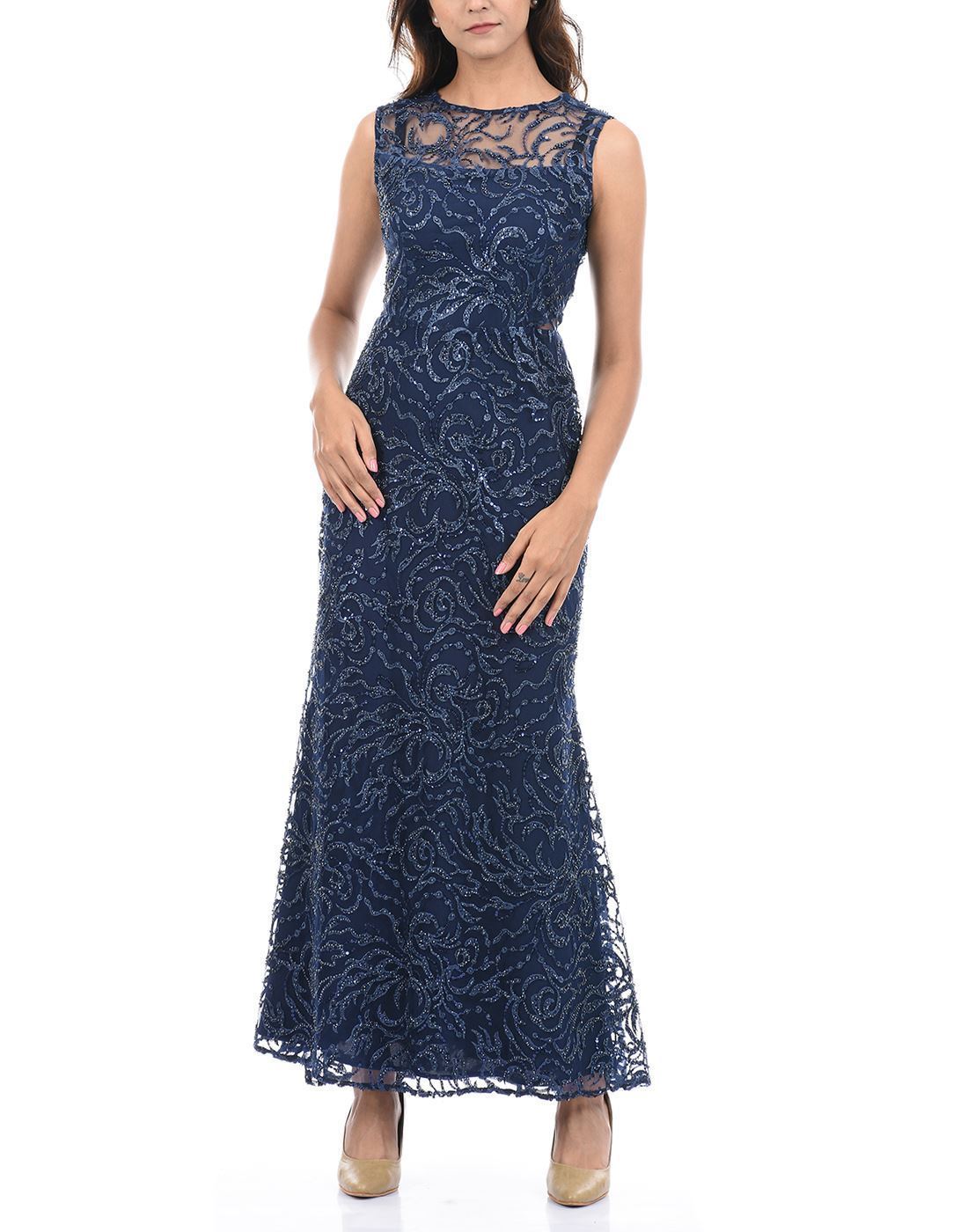 Madame Women Party Wear Embellished Blue Maxi Dress